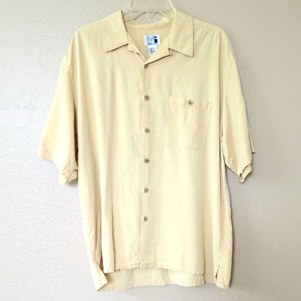 Modern Images Men's Yellow 100% Silk Button Down Short Sleeve Shirt - Size XL